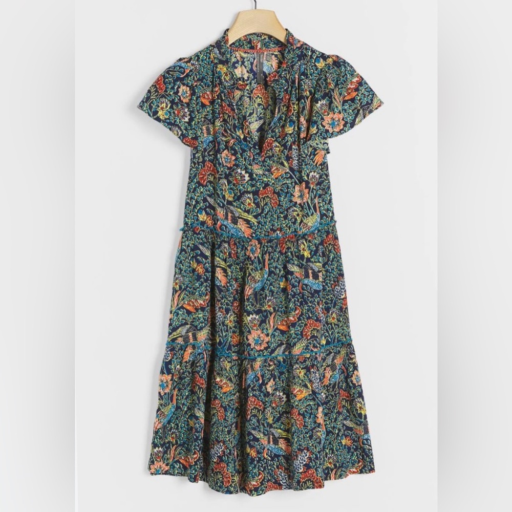 Anthropologie Penrose Tiered Ruffled Boho Folk Floral Tunic Mini Dress Sz S